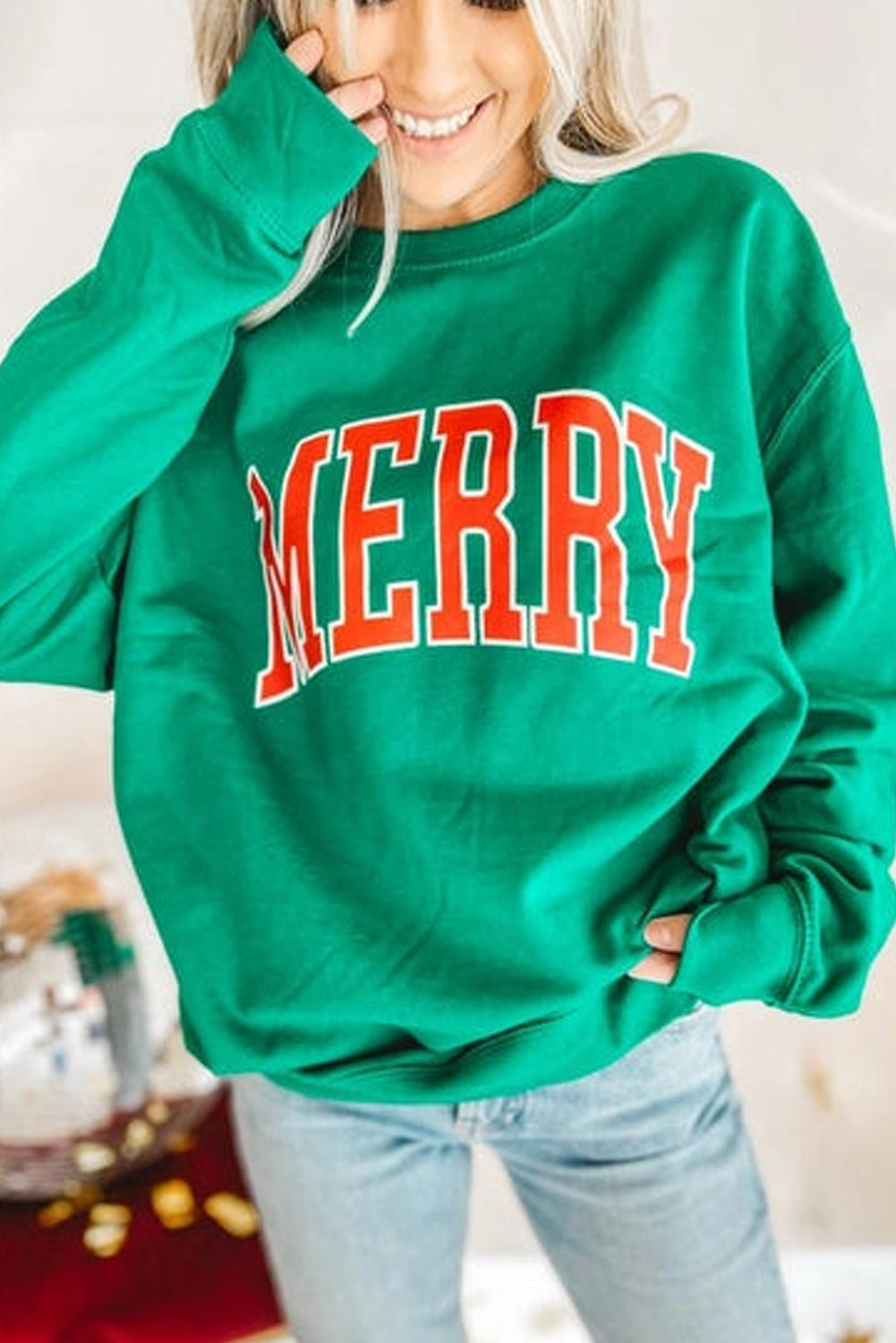 White Tinsel Merry Drop Sleeve Christmas Sweatshirt