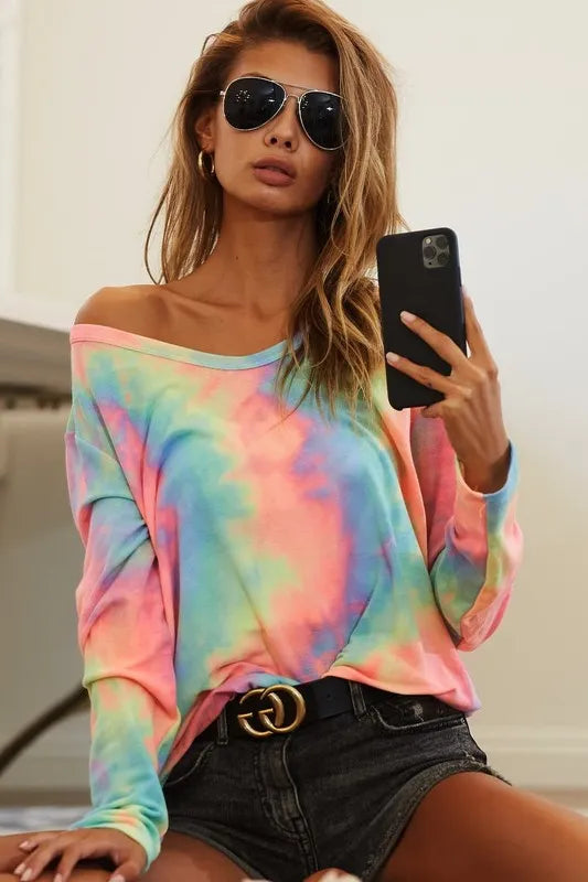 BiBi Tie Dye French TerryLong Sleeve Knit Top