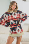 BiBi Aztec Print Mirr Mock Neck Lslv Top