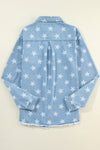 Sky Blue Star Print Raw Hem Denim Jacket