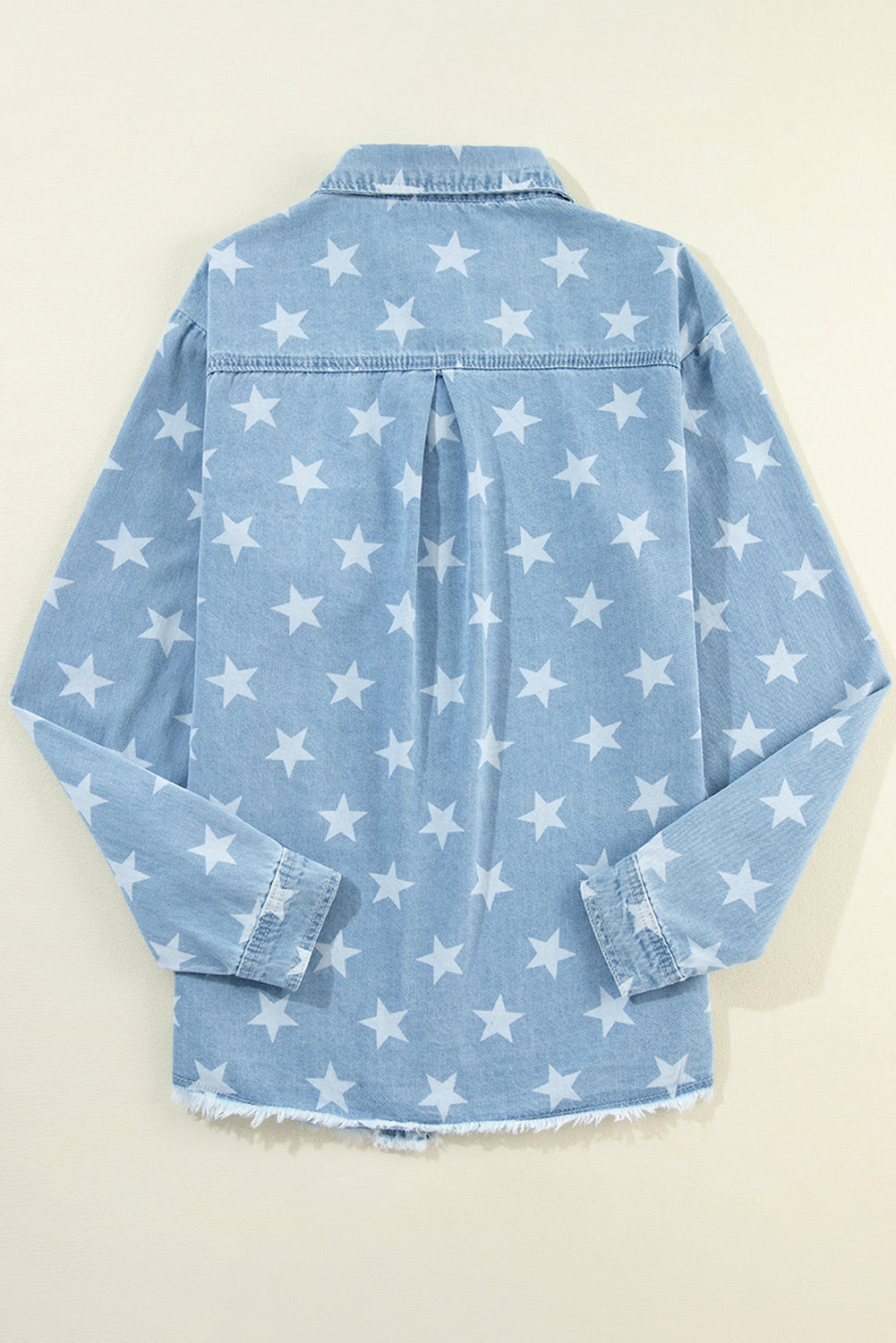 Sky Blue Star Print Raw Hem Denim Jacket