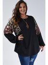 Black Plus Size Leopard Sequin Patchwork Long Sleeve Top