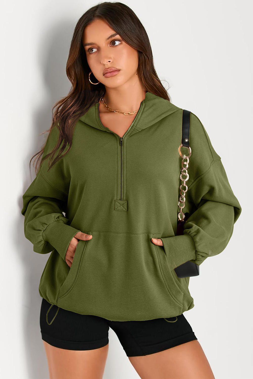 Pocketed Half Zip Long Sleeve Hoodie