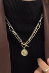 Gold Plated Vintage Carved Coin Pendant Link Chain Necklace