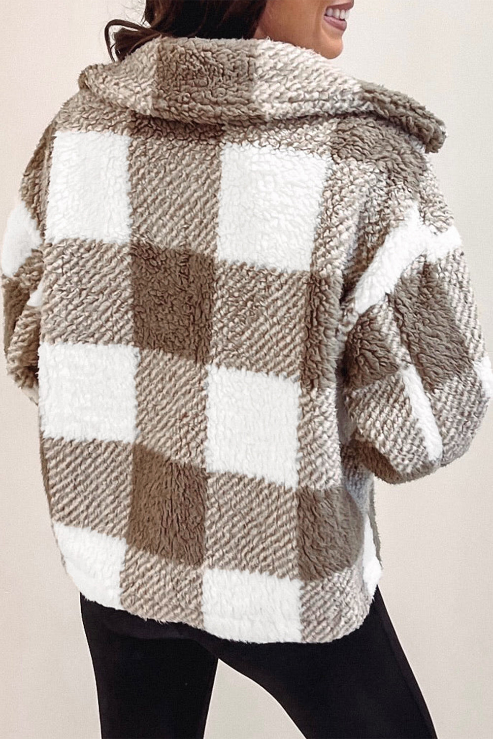 Khaki Plaid Buttoned Collared Sherpa Jacket