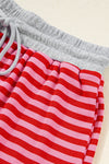 Red Striped Drop Shoulder Baggy Pullover and Shorts Casual Set