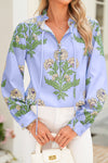 Sky Blue Floral Print V Neck Bubble Sleeve Blouse
