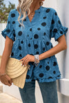 Blue V-Neck Polka Dot Crinkled Blouse