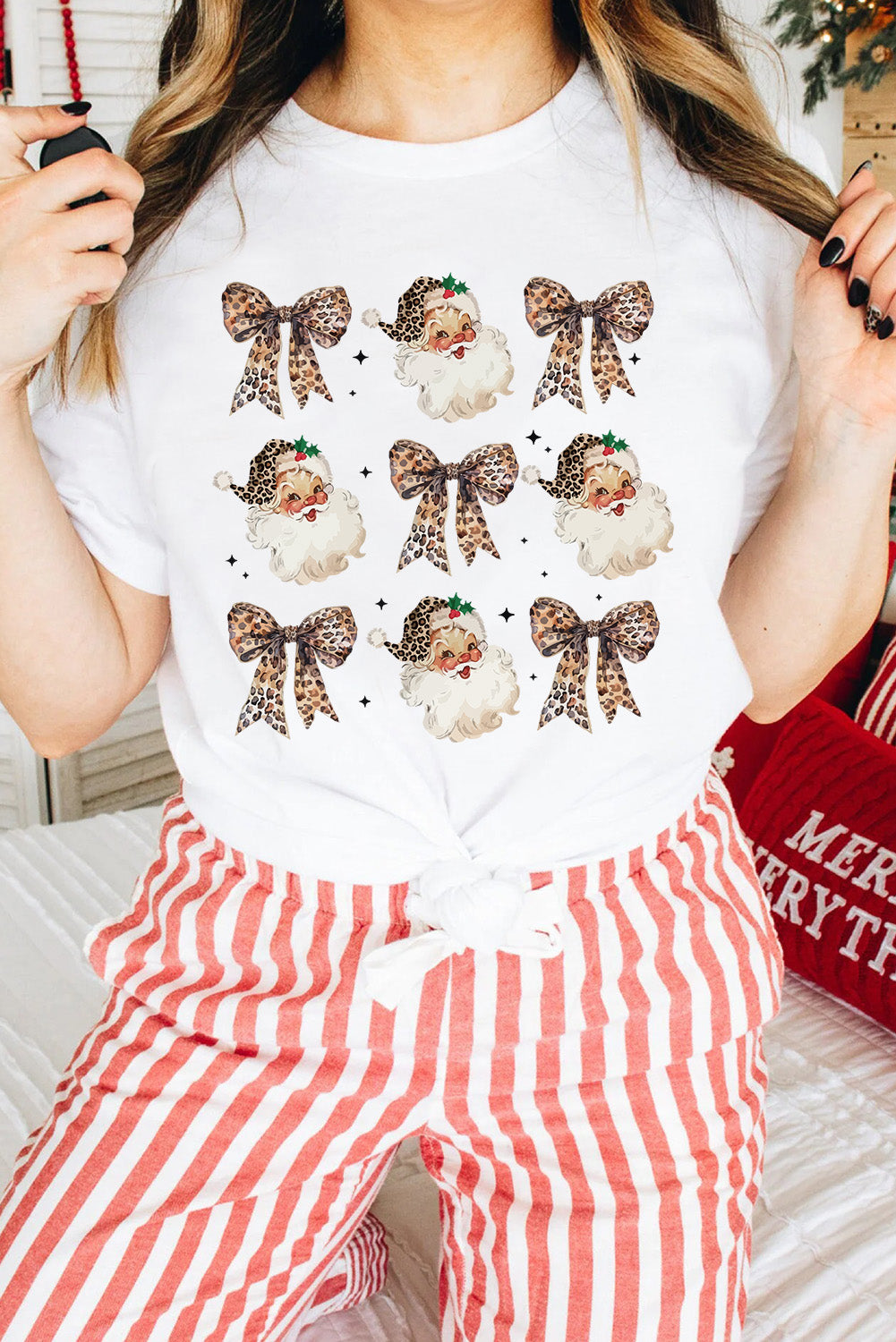 White Santa Claus Leopard Bow Print Crew Neck Graphic T Shirt