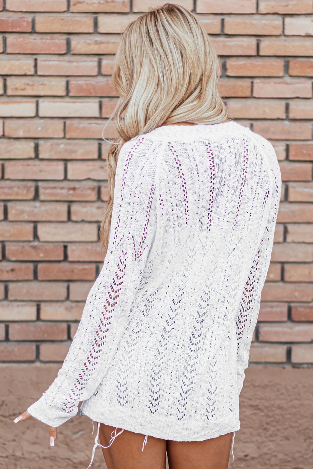 White Solid Color Hollow Knit Open Front Cardigan