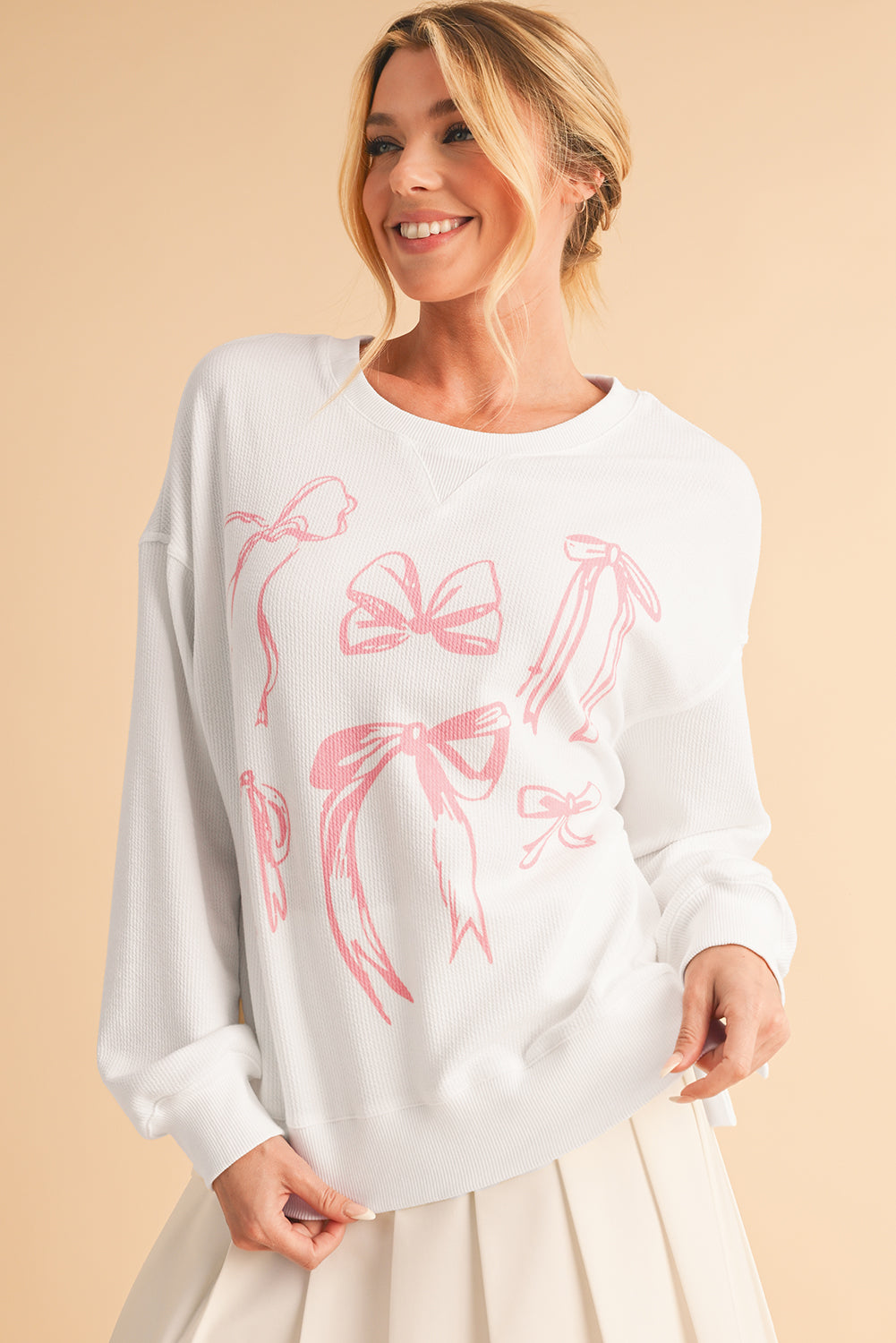 White Bowknot Pattern Drop Shoulder Crinkle Rib Top