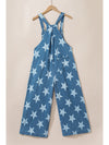 White Star Print Button Strap Pleated Wide Leg Denim Overall