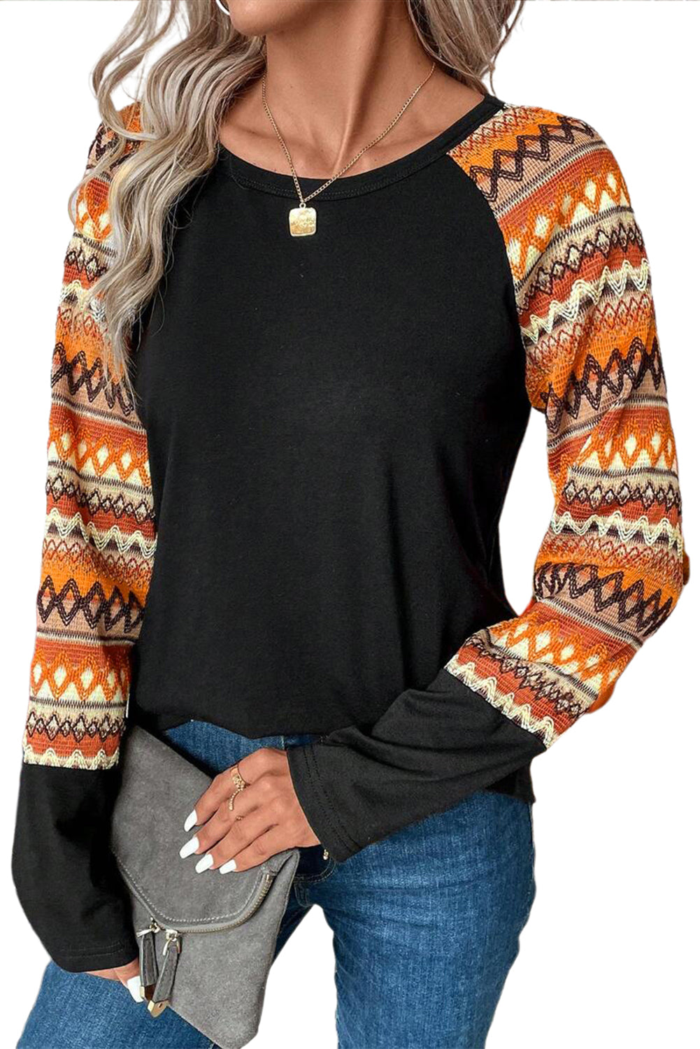 Orange Geo Print Raglan Patchwork Long Sleeve Tee