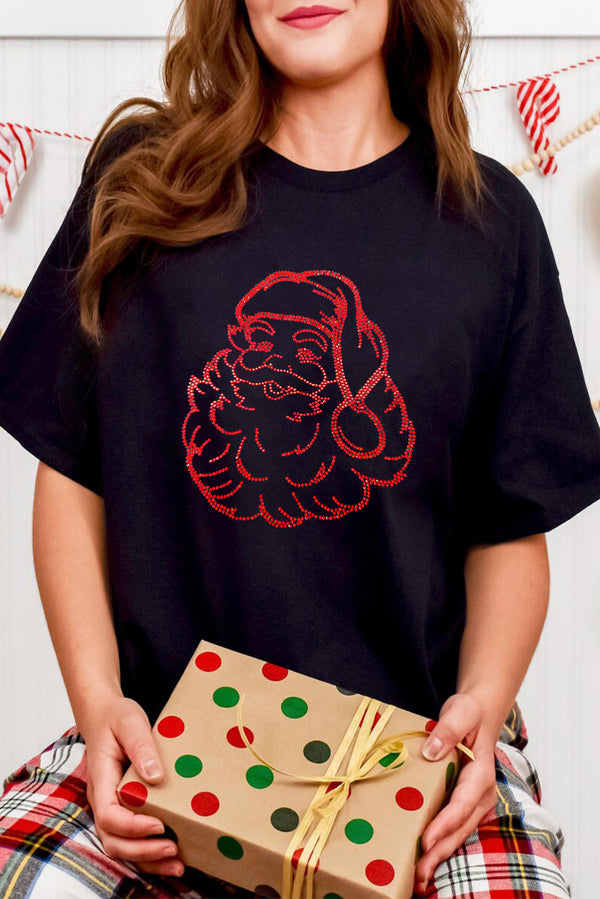 Black Santa Claus Graphic Rhinestone Transfer Christmas  T Shirt