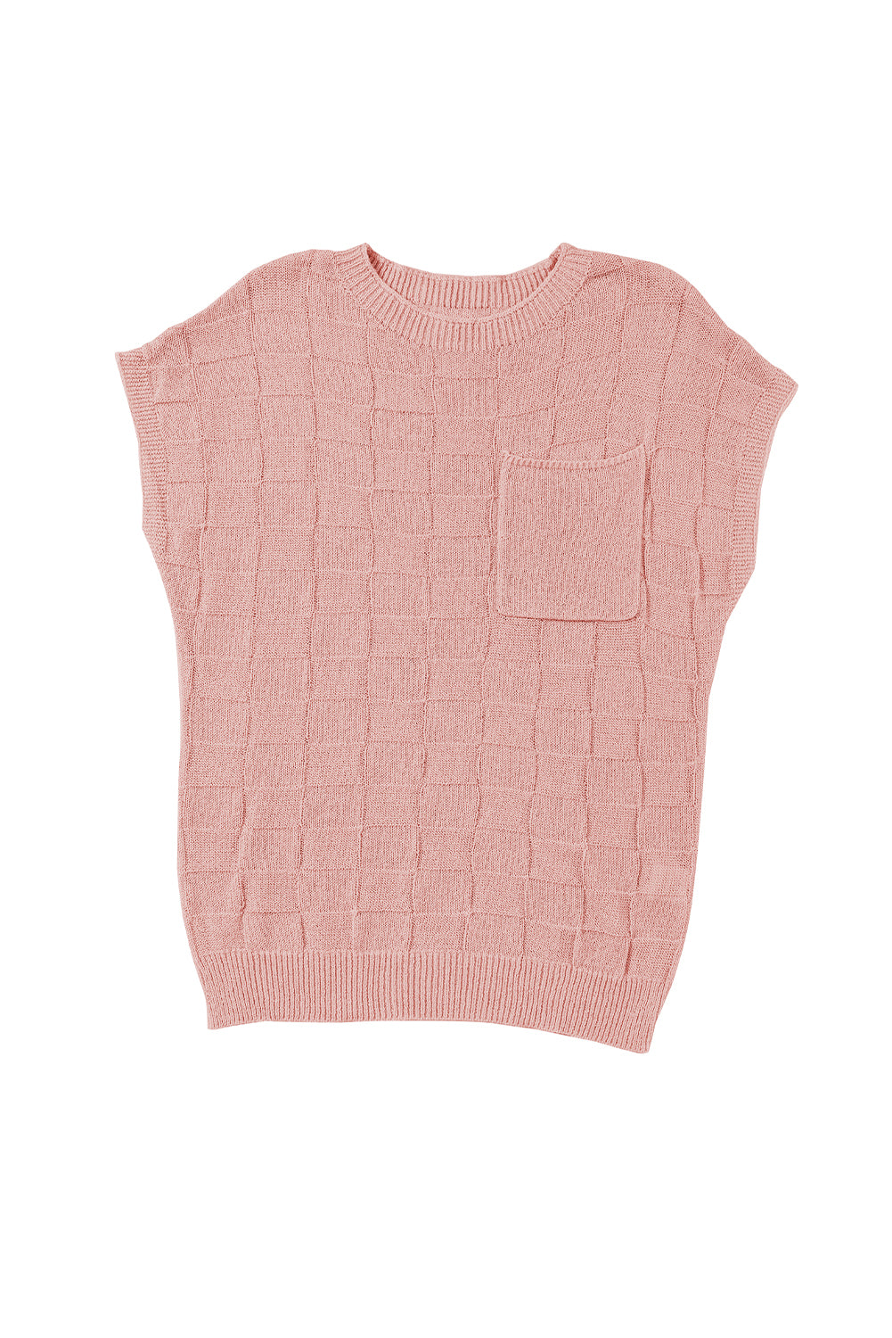 Bright Pink Lattice Textured Knit Chest Pocket Loose Blouse