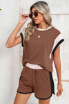 Blue Color Block Loose Fit Top and Elastic Waist Shorts Set