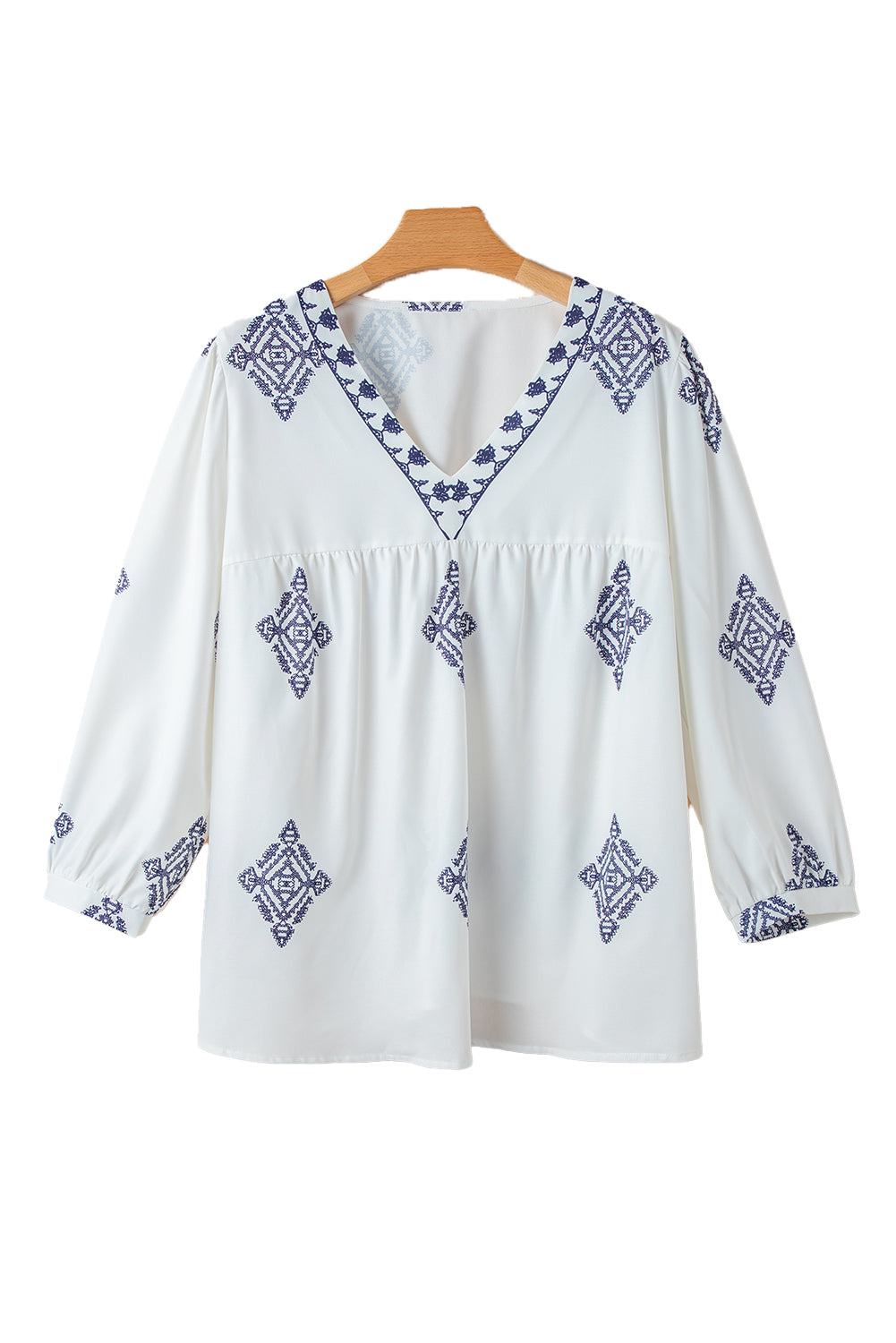 White Boho Geometric Print V Neck Plus Size Blouse