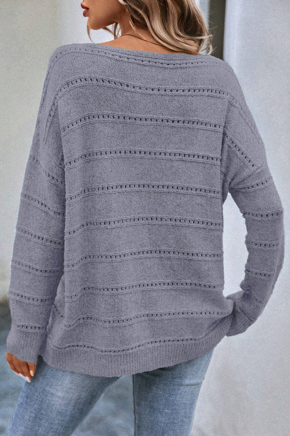 Pale Khaki Boat Neck Drop Shoulder Pointelle Knit Sweater