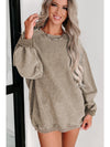 Pink Solid Ribbed Round Neck Pullover Sweatshirt