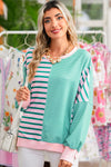 Green Stripe Colorblock Patchwork Side Split Sweatshirt