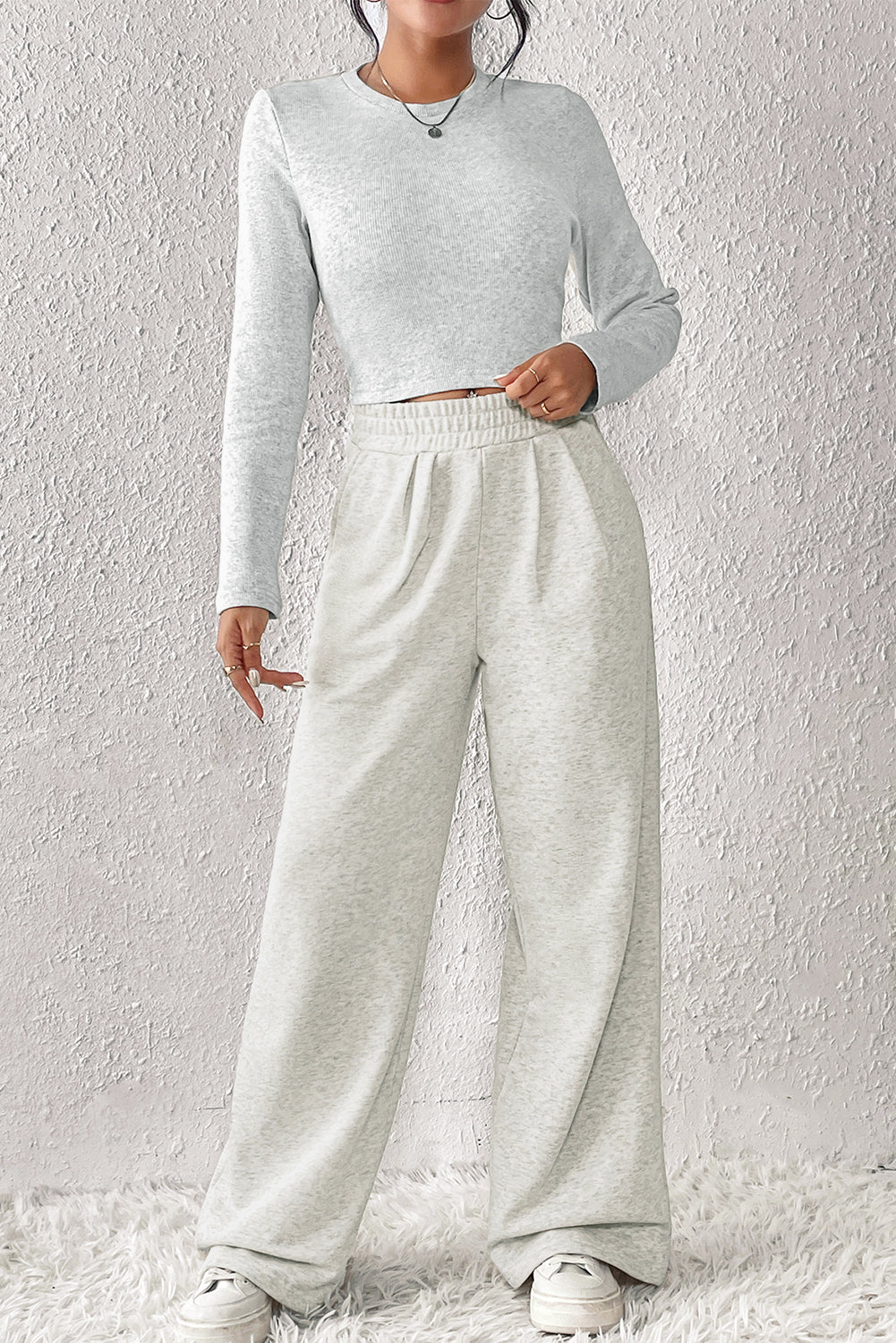 Beige Slim Fit Crop Top and Wide Leg Pants Set