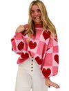 Pink Plus Size Heart Colorblock Mock Neck Lantern Sleeve Sweater