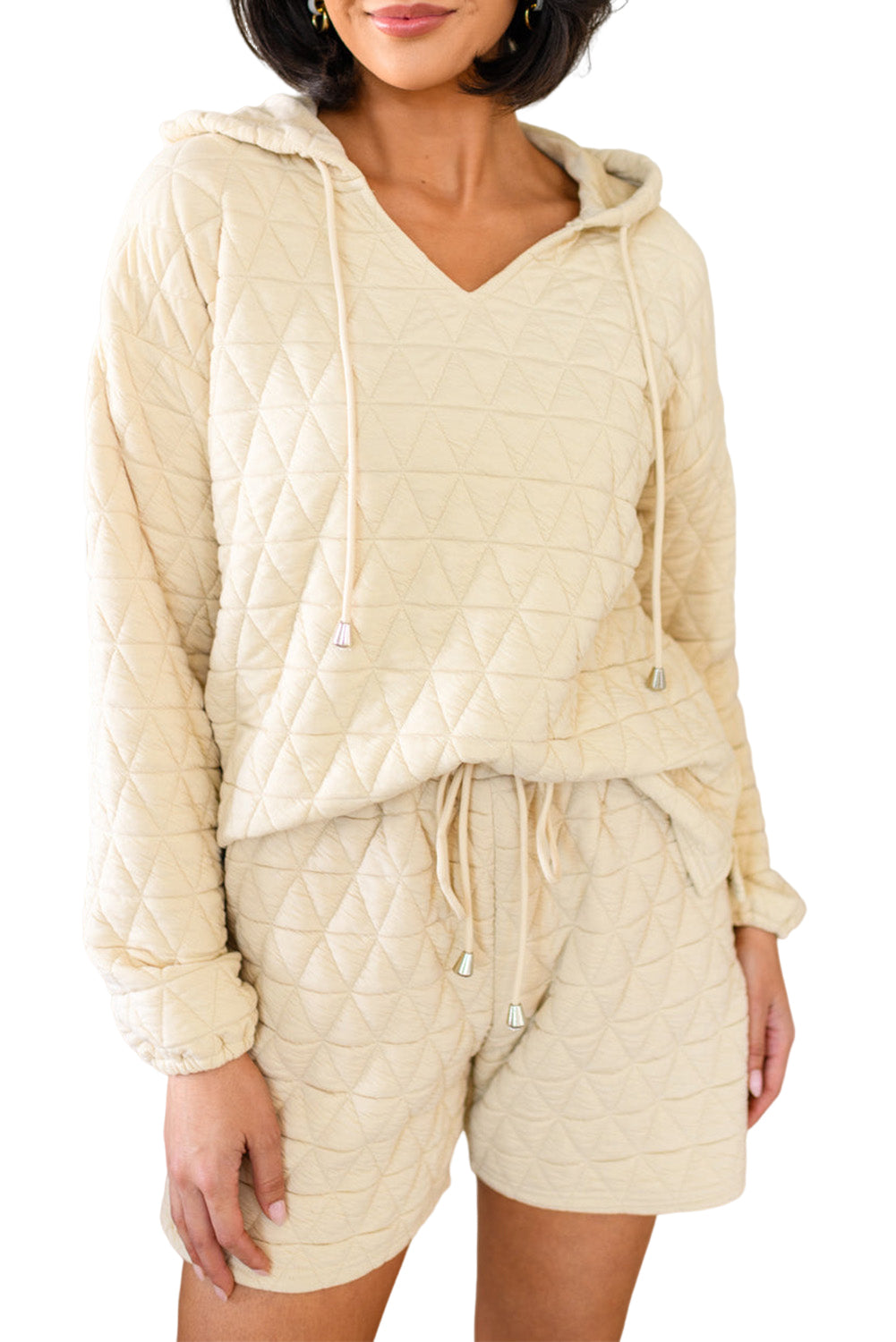 Beige Quilted Hoodie and Drawstring Shorts Set