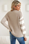 Khaki Cable Knit Colorblock Crew Neck Drop Shoulder Sweater