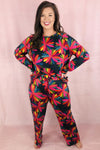 Black Plus Size Floral Printed Long Sleeve and Pants Loungewear Set