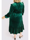 Blackish Green Frill Neck Velvet High Waist Plus Size Dress