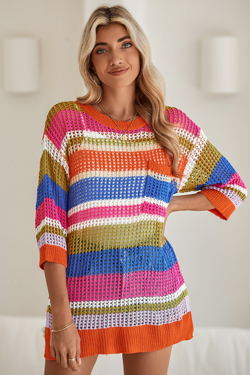 Pink Striped Color Block Hollow Crochet 3/4 Sleeve T Shirt