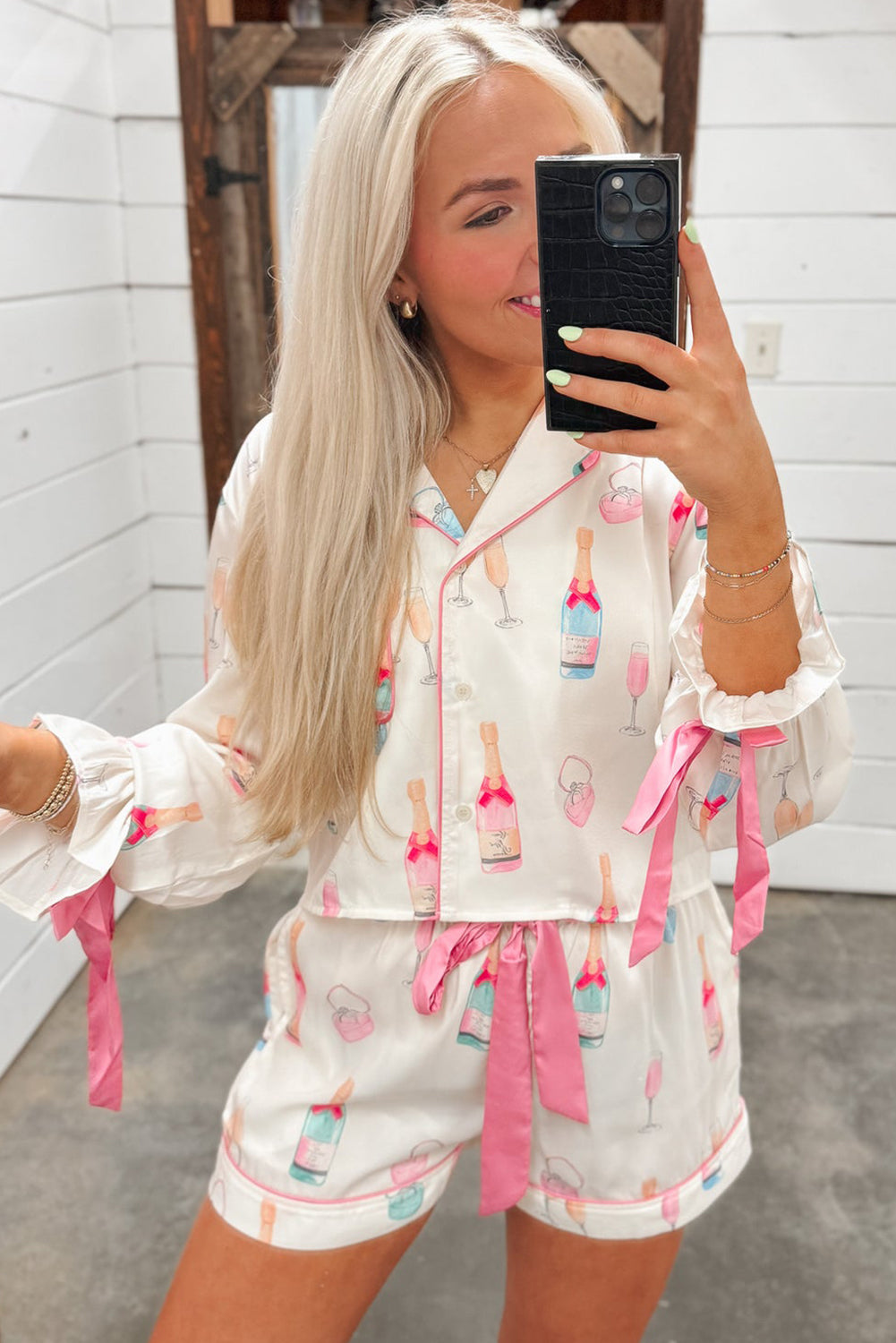 White Christmas Glass Print Bow Knot Two Piece Pajama Set