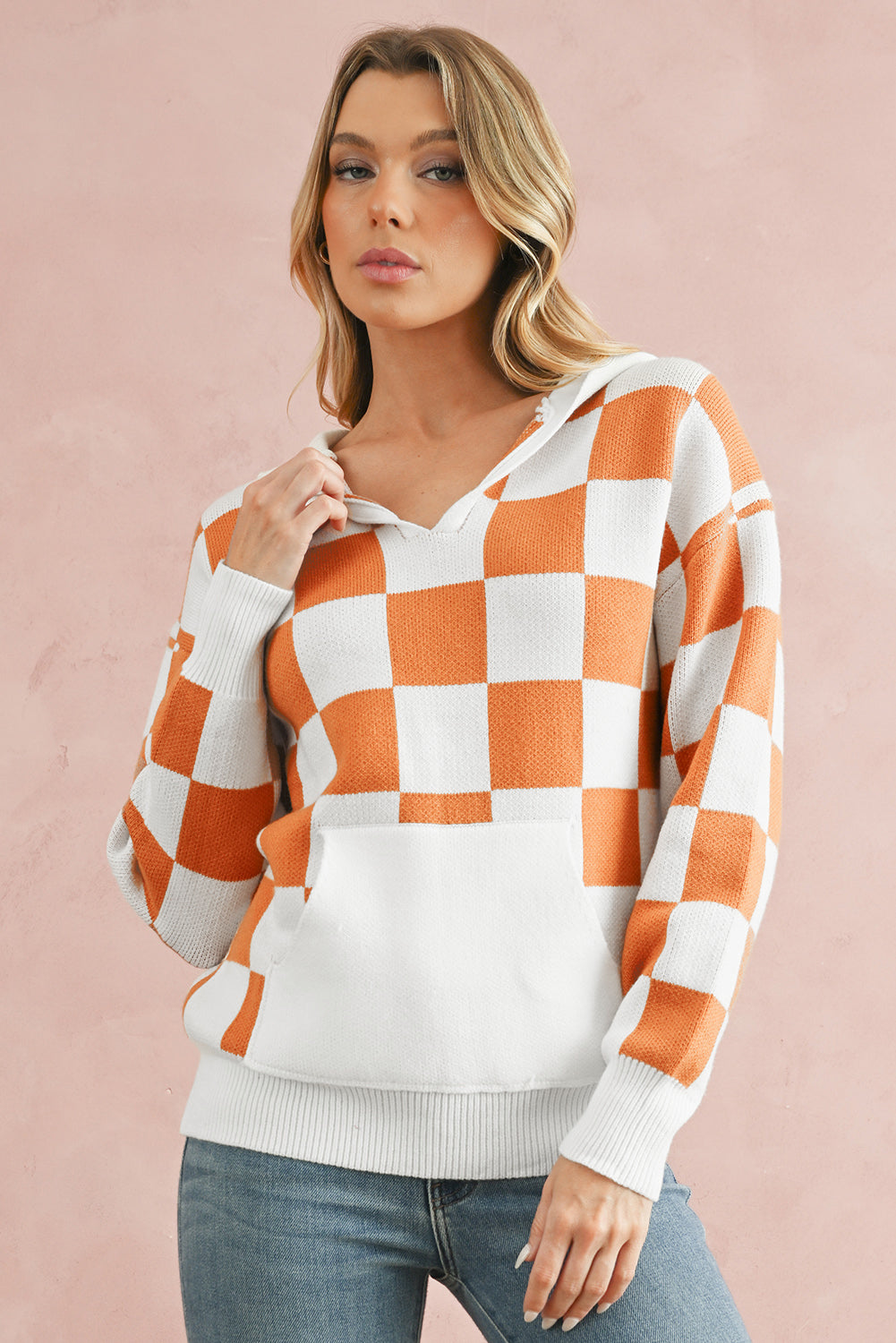 Gold Flame Checkered Split Neck Kangaroo Pocket Hooded Sweater