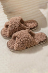 Brown Teddy Fur Cross Straps Home Slides Shoes