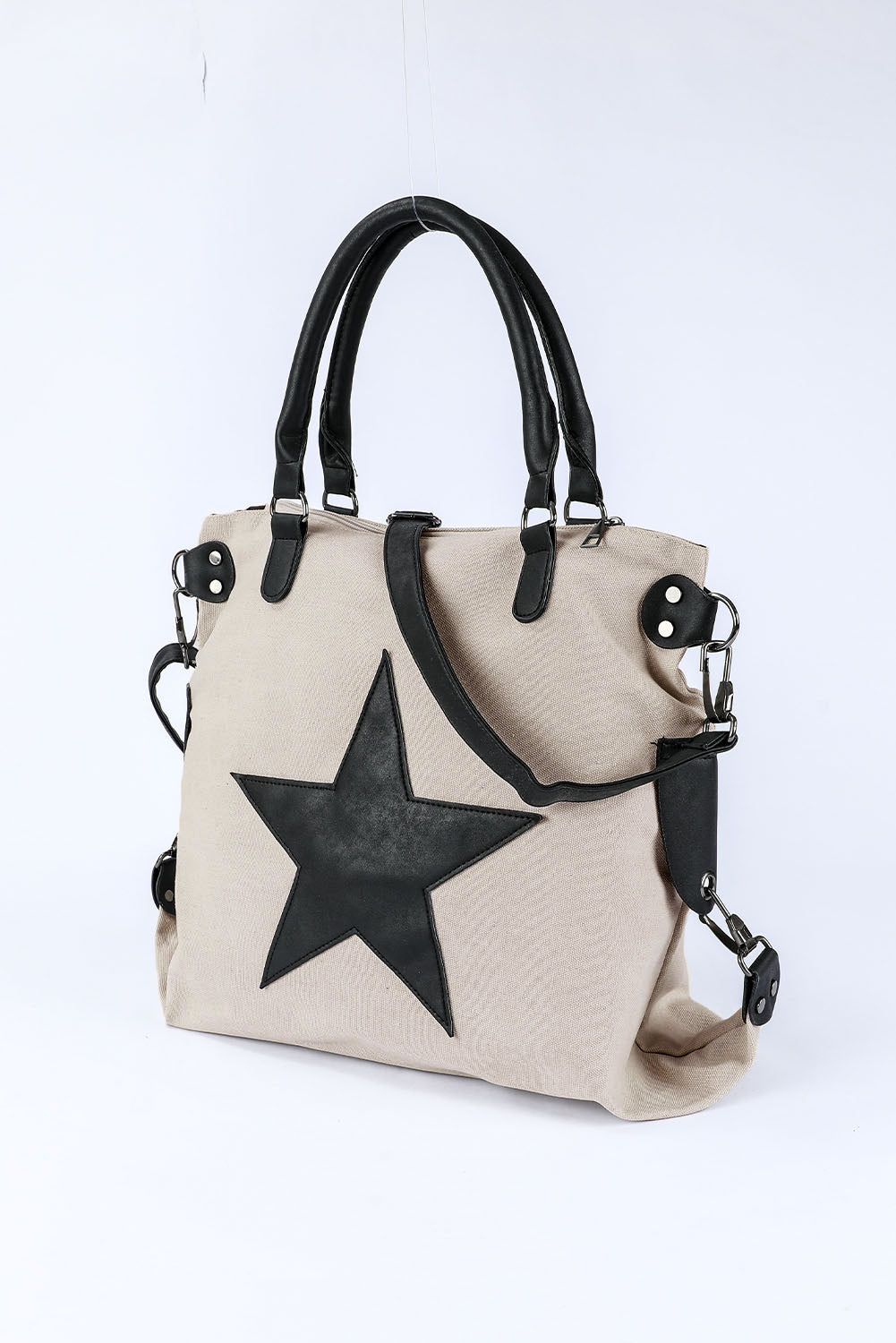 Beige Casual Star Patched Canvas Tote Bag