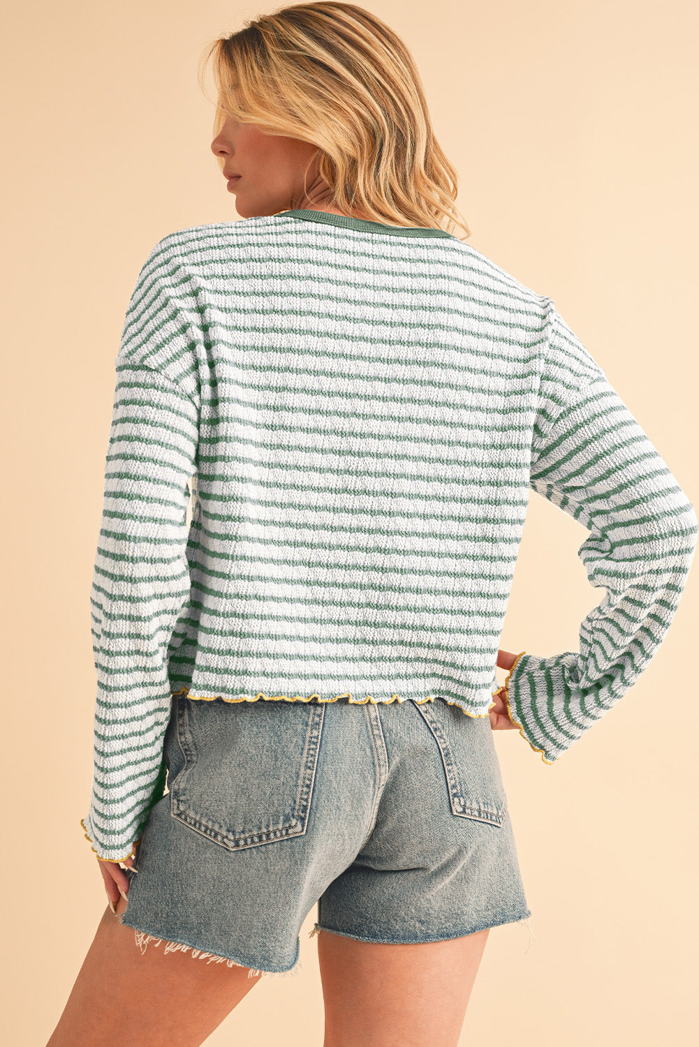 Sky Blue Stripe Textured Long Sleeve Henley Top