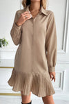 Smoke Gray Long Sleeve Pleated Shirt Dress