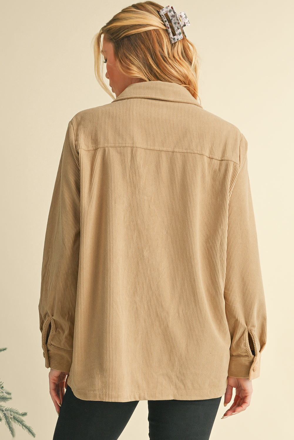 Light French Beige Corduroy Frilled Flap Pocket Button Up Shacket