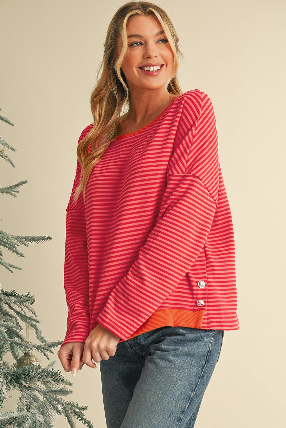 Tomato Red Two Tone Striped Side Buttons Drop Shoulder Top