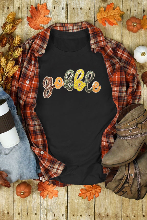 Black Sequin gobble Letter Patch Application Thanksgiving T Shirt