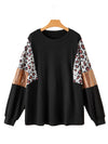 Black Plus Size Leopard Sequin Patchwork Long Sleeve Top