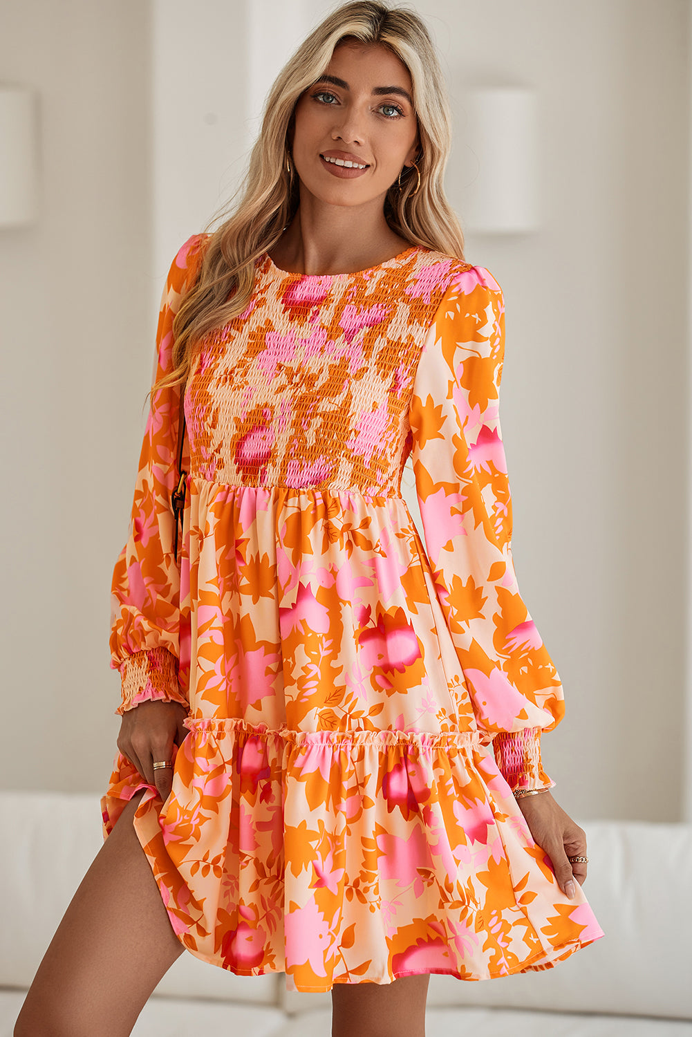 Orange Abstract Print Smocked Bust Lantern Sleeve Ruffle Mini Dress