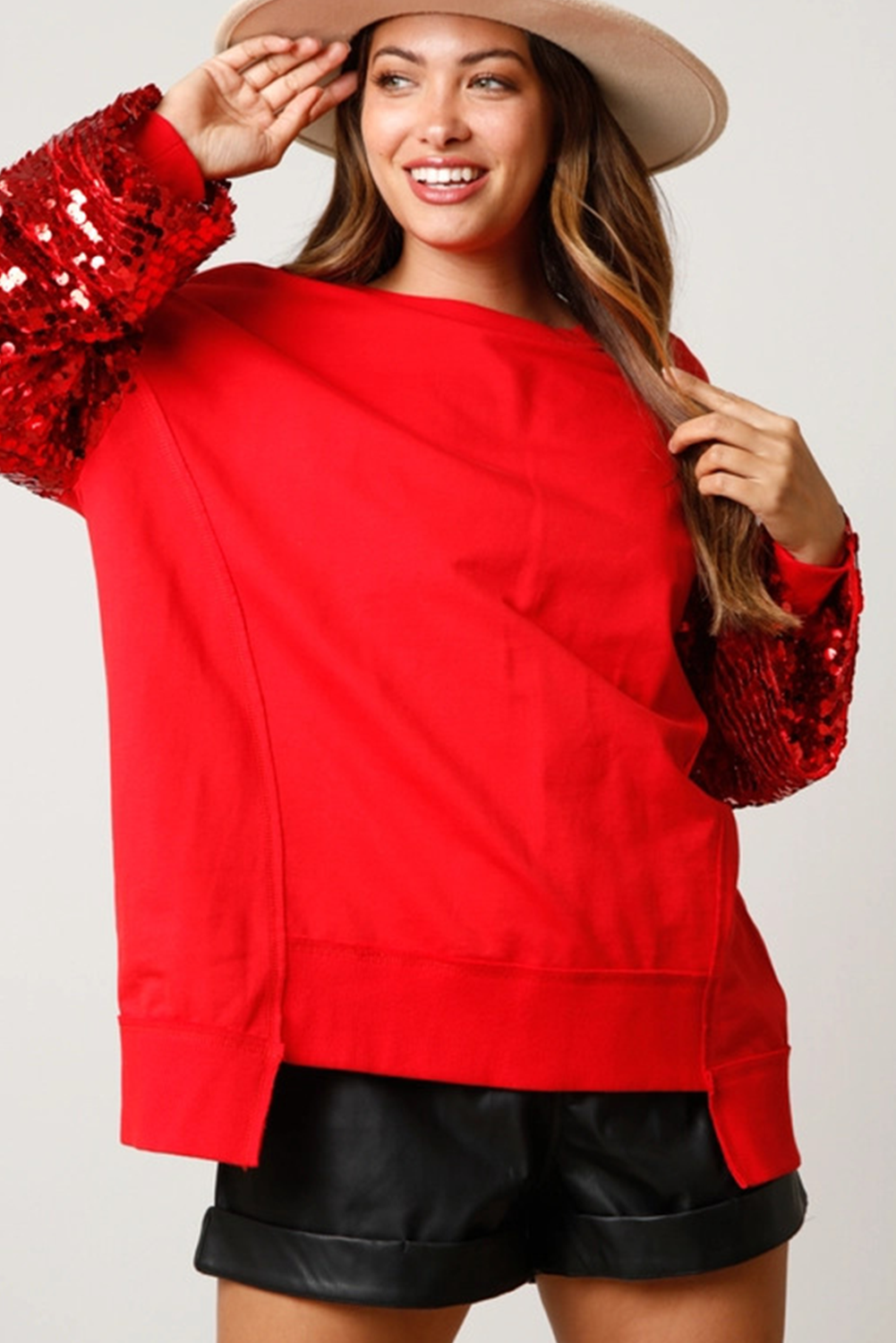 Fiery Red Christmas Sequin Lantern Sleeve Sweatshirt