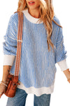 Dark Blue Striped Contrast Trim Loose Sweater