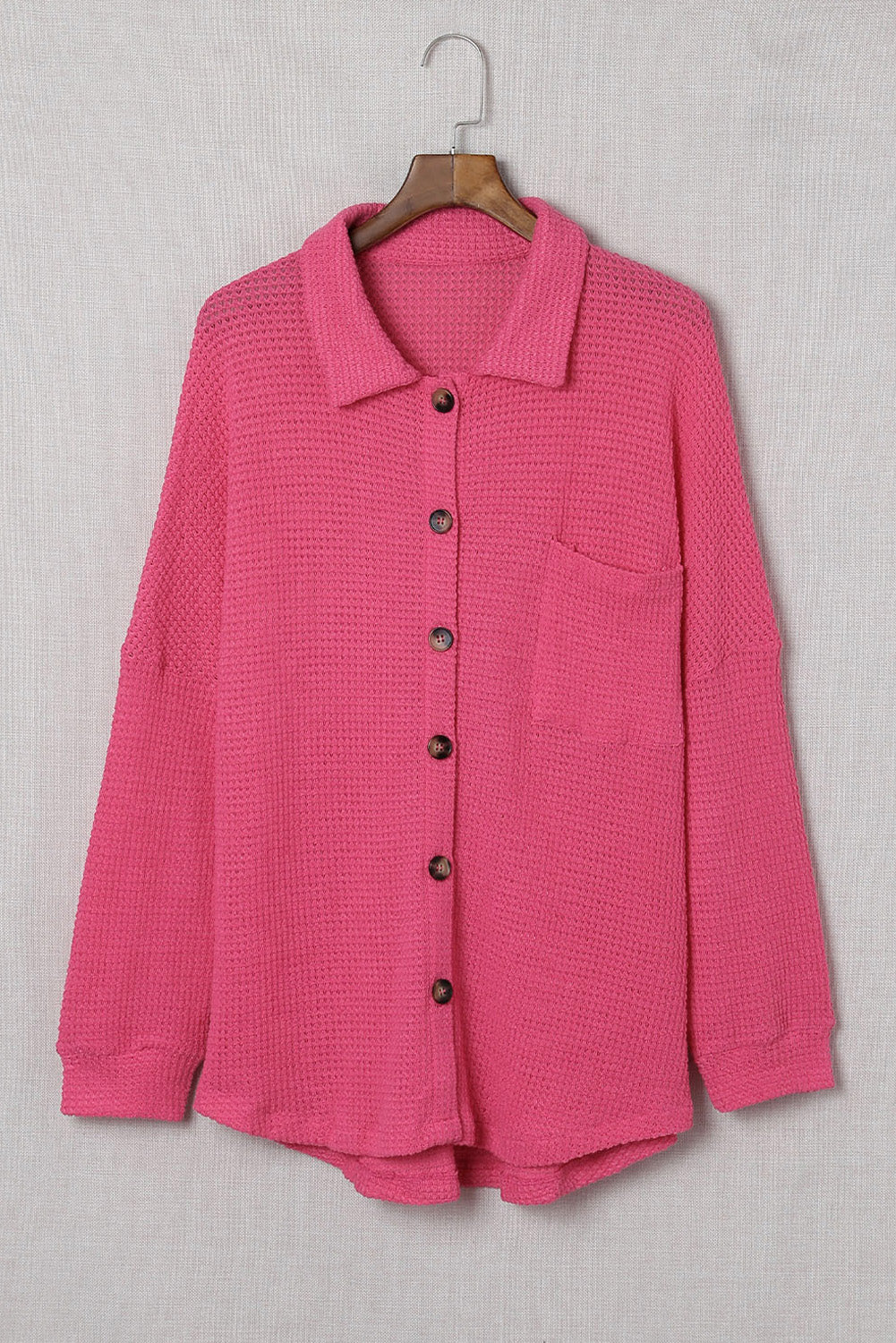 Hot Pink Pocket Buttons Front Waffle Knit Shacket