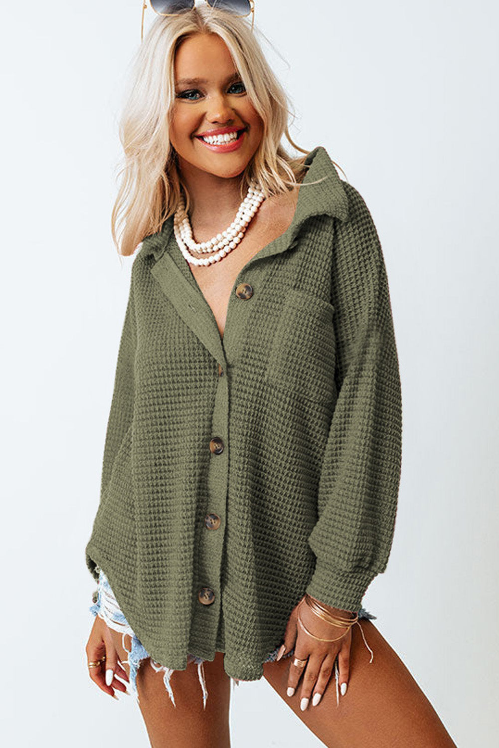 Green Waffle Knit Pocket Button Front Shacket