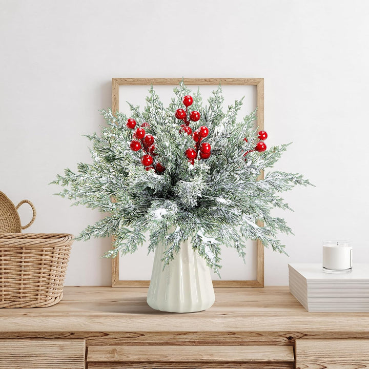 45 Pcs Christmas Artificial Pine Branches with Red Berry Stems, 10.5"