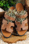 Brown Leather H Band Flat Slides Shoes