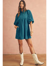 Light Blue Snap Button Empire Waist Lantern Sleeve Corduroy Dress