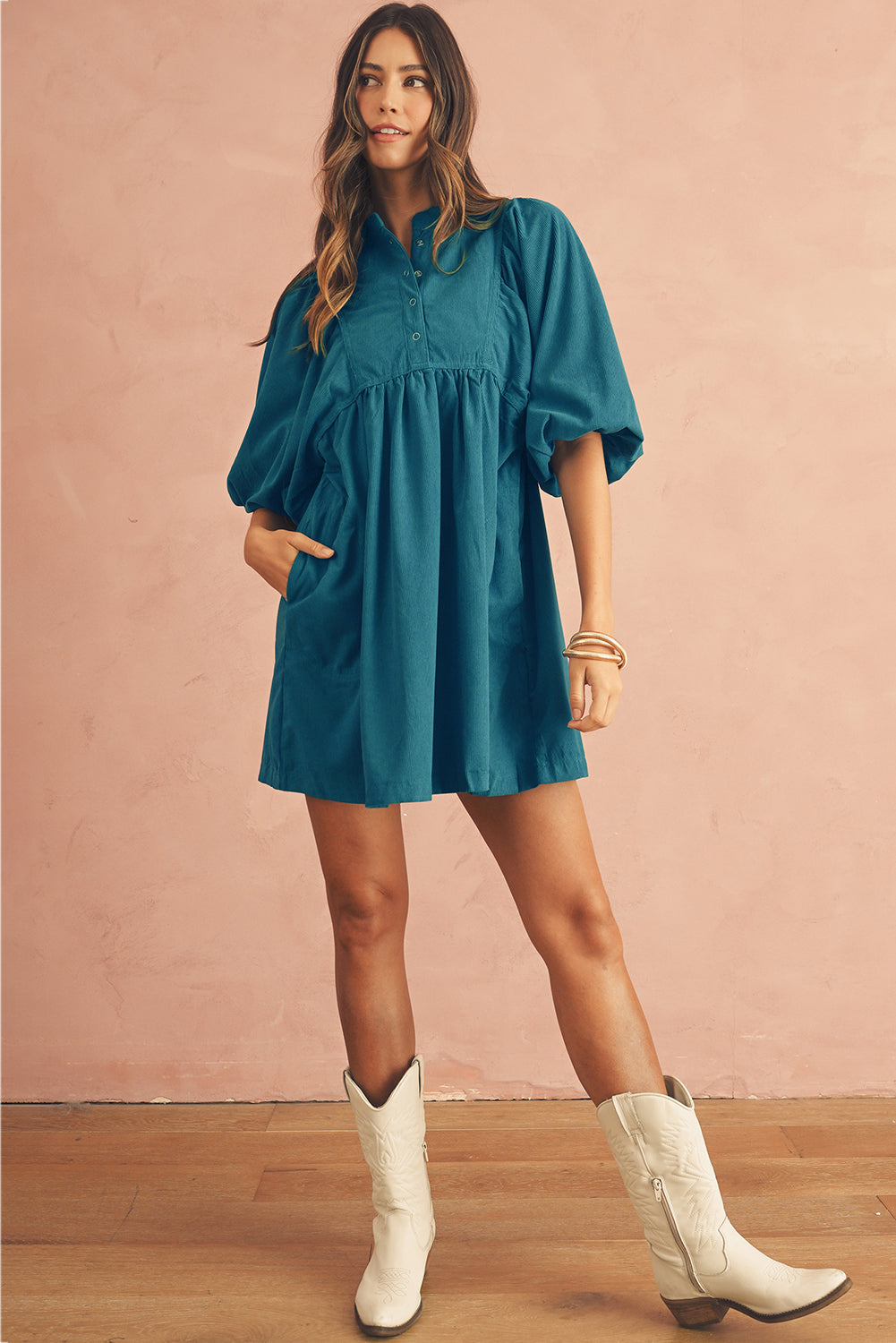 Light Blue Snap Button Empire Waist Lantern Sleeve Corduroy Dress